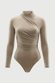 SORA bodysuit with an asymmetrical wrap neckline and long sleeves.