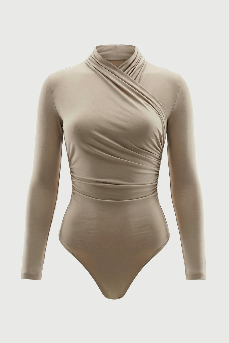 SORA bodysuit with an asymmetrical wrap neckline and long sleeves.